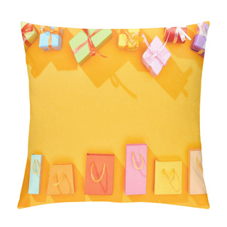 Personality  Top View Of Festive Wrapped Gifts And Shopping Bags On Bright Orange Background Pillow Covers