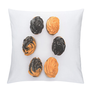 Personality  Top View Of Delicious Halloween Cupcakes In Circle Isolated On White Pillow Covers