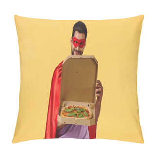 Personality  Happy Man In Superhero Costume Opening Box With Pizza Isolated On Yellow Pillow Covers