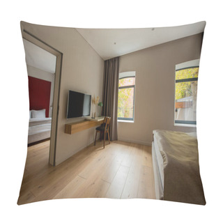 Personality  Flat Tv Screen Near Desk And Wooden Chair Next To Bedroom In Hotel  Pillow Covers