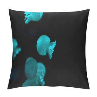 Personality  Selective Focus Of Spotted Jellyfishes In Blue Neon Light On Black Background Pillow Covers