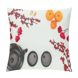Personality  Top View Of Chinese New Year Composition With Tea And Branches Of Berries Isolated On White Pillow Covers