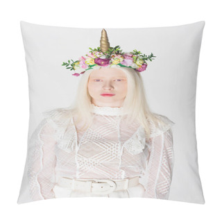 Personality  Stylish Albino Woman In Guipure Blouse And Wreath With Flowers And Horn Isolated On White Pillow Covers