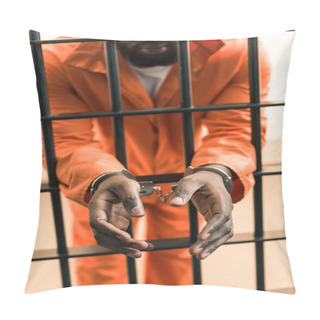 Personality  Cropped Image Of African American Prisoner In Handcuffs Behind Prison Bars  Pillow Covers