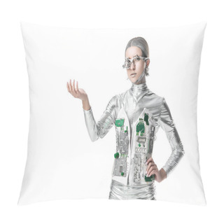 Personality  Silver Robot Holding Something And Looking At Camera Isolated On White, Future Technology Concept Pillow Covers