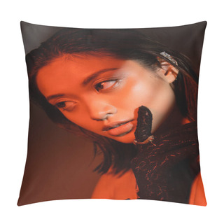 Personality  Portrait Of Alluring Asian Woman With Short Hair And Wet Hairstyle Posing In Black Glove With Golden Rings And Looking Away On Dark Background With Red Lighting, Young Model, Cuff Earring  Pillow Covers