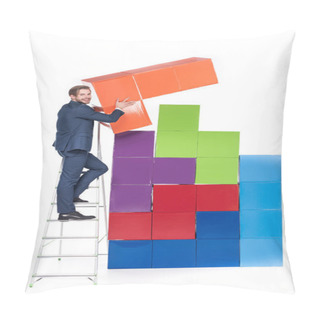 Personality  Businessman On Ladder Collecting Colorful Blocks Isolated On White Pillow Covers