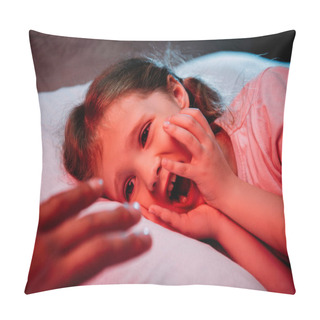 Personality  Male Hand Near Frightened, Screaming Child Lying In Bed  Pillow Covers