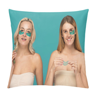 Personality  Cheerful Women With Different Skin Conditions And Patches Under Eyes Smiling Isolated On Turquoise  Pillow Covers