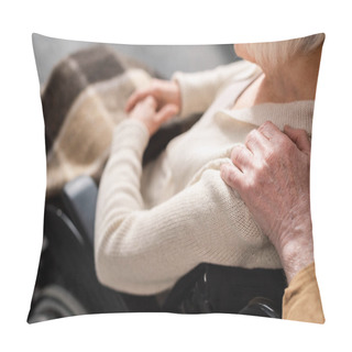 Personality  Cropped View Of Man Touching Shoulder Of Handicapped, Diseased Wife Sitting In Wheelchair Pillow Covers