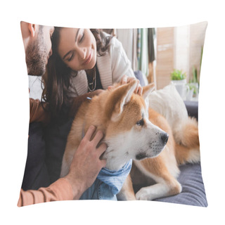 Personality  Pleased Young Couple Petting Akita Inu Dog At Home Pillow Covers