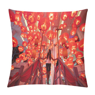 Personality  Woman Walking And Enjoying Traditional Red Lanterns Decorated Fo Pillow Covers
