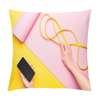 Personality  Cropped View Of Woman Holding Smartphone And Resistance Band On Pink Fitness Mat On Yellow Background Pillow Covers
