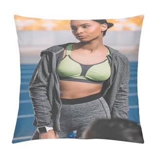 Personality  Young Sportswoman On Stadium  Pillow Covers