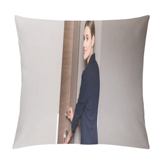 Personality  Panoramic Concept Of Joyful Businesswoman In Suit Holding Room Card While Unlocking Door In Hotel  Pillow Covers