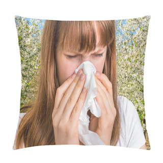 Personality  Woman With Allergy Near Flowering Trees Pillow Covers