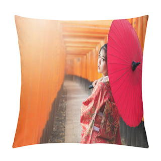 Personality  Asian Woman Tourists. Japanese Girl Wearing A Kimono Holding A Red Umbrella. Beautiful Female Wearing Traditional Japanese Kimono In Famous Tourist Spots In Kyoto Prefecture Japan. Space For Text.          Pillow Covers