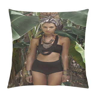 Personality  Attractive Young Boho Woman In Turban With Jungle Background Pillow Covers