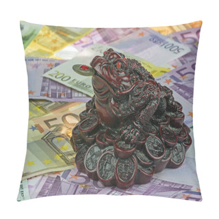 Personality  Three-legged Money Toad Jin Chan As A Chinese Symbol Of Wealth On Variety Of Euro Currency (EUR) With 500, 200, 100 And 50 Euro Bank Notes.  Many Money. Euro Background. Pillow Covers