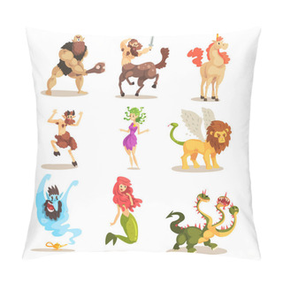 Personality  Ancient Mythical Creatures Set, Cyclops, Centaur, Unicorn, Satyr Faun, Medusa Gorgon, Three Headed Dragon, Mermaid, Winged Lion Vector Illustrations On A White Background Pillow Covers