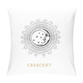 Personality  Crescent Moon, Vector Image In Engraving Style. Pillow Covers
