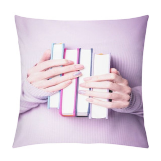 Personality  Beautiful Female Hands Holding Four Books On The Pale Violet Background. Manicure With Pink Color Nail Polish With Shiny Design, Nude Manicure, Copy Space Pillow Covers