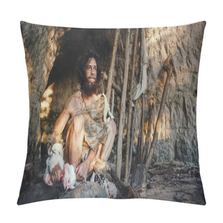 Personality  Primeval Caveman Wearing Animal Skin Holds Bone And Hits Rock With It. Neanderthal Fooling Around Near The Cave Entrance, Maybe Creating First Primitive Tools Or Weapons By Accident. Pillow Covers