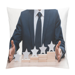 Personality  Cropped View Of Businessman In Formal Wear Near Blocks With Stars Isolated On White, Quality Concept  Pillow Covers