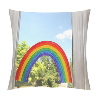 Personality  Painting Of Rainbow On Window Indoors. Stay At Home Concept Pillow Covers