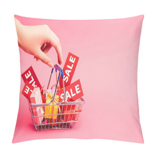 Personality  Cropped View Of Female Hand Near Shopping Basket With Gifts And Red Tag With Lettering On Pink, Black Friday Concept Pillow Covers