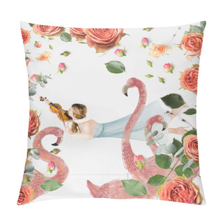 Personality  Floating Girl Playing Violin With Birds And Flowers Illustration  Pillow Covers
