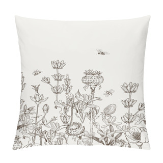 Personality  Herbal And Wild Plants Seamless Border. Vintage Botanical Engraved Illustration. Vector Hand Drawn Natural Elements. Sketch Style. Pillow Covers