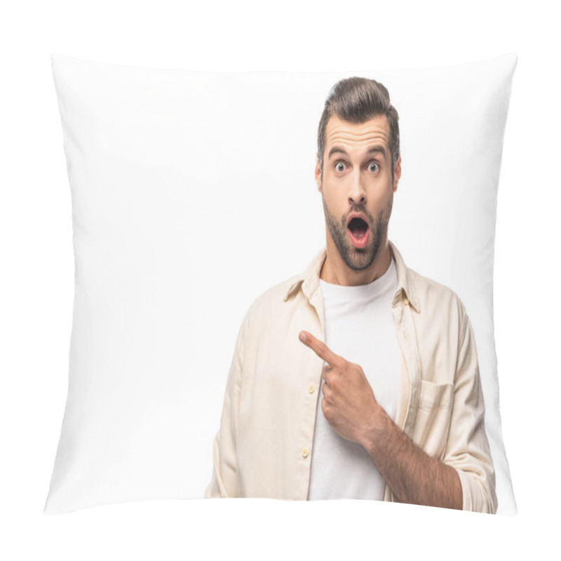 Personality  Surprised Man Looking At Camera And Pointing With Finger Isolated On White With Copy Space Pillow Covers