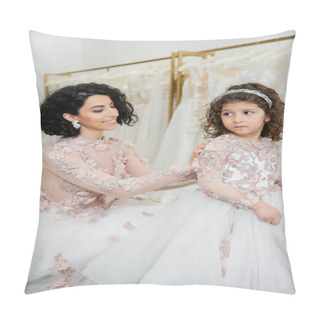 Personality  Charming Middle Eastern Bride With Brunette Wavy Hair In Wedding Dress Adjusting Cute Floral Dress Of Daughter In Bridal Salon, Shopping, Special Moment, Togetherness, Blurred White Gown  Pillow Covers