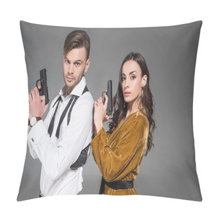Personality  Beautiful Confident Couple Of Secret Agents Posing With Weapon, Isolated On Grey Pillow Covers