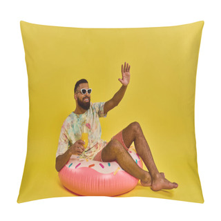 Personality  A Man Is Peacefully Seated Atop A Large Inflatable Donut, Gently Floating On Calm Waters, Enjoying The Serene Surroundings. Pillow Covers