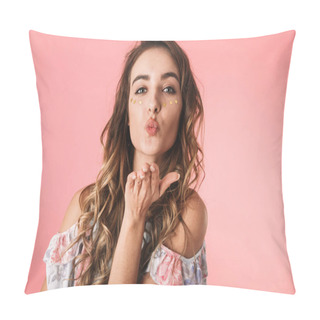 Personality  Image Of Adorable Lady 20s Wearing Dress Blowing Air Kiss To You Pillow Covers