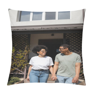 Personality  Smiling African American Man In Sunglasses Holding Hand Of Girlfriend Near New House Outdoors Pillow Covers