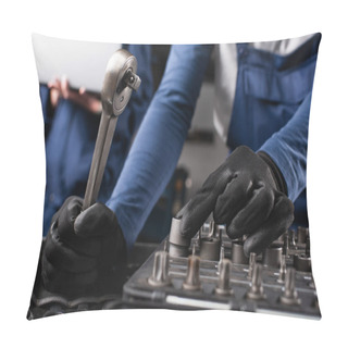 Personality  Cropped View Of Mechanic Holding Wrench Near Blurred Colleague With Laptop In Garage  Pillow Covers