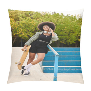 Personality  Young African American Woman With An Afro Holding A Skateboard, Talking On A Cell Phone In A Sunny Skate Park. Pillow Covers
