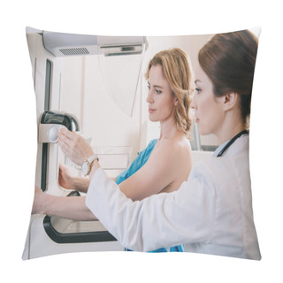 Personality  Attentive Radiographer Adjusting X-ray Machine For Mammography Test While Standing Near Patient  Pillow Covers