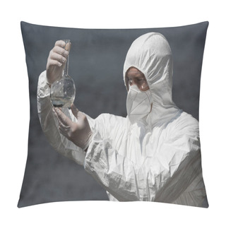Personality  Water Inspector In Protective Costume, Respirator And Goggles Holding Flask With Water Sample Pillow Covers