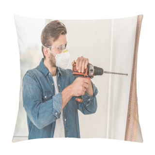 Personality  Young Man In Protective Mask And Goggles Using Electric Drill During House Repair Pillow Covers