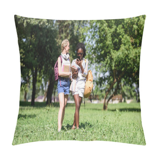 Personality  Multiethnic Students Walking In Park Pillow Covers