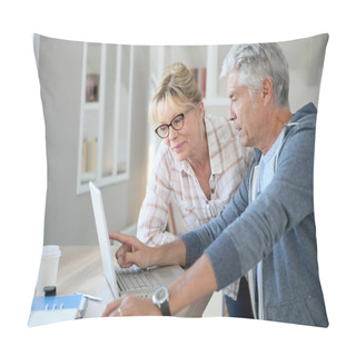 Personality  Couple At Home Checking Expenses On Internet Pillow Covers