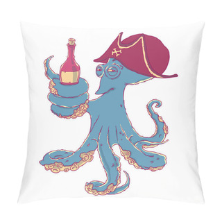 Personality  Cunning Octopus-pirate With A Bottle Of Alcohol In The Tentacles. Drunk. Vector Illustration Isolated On White. T-shirt Printing. Pillow Covers