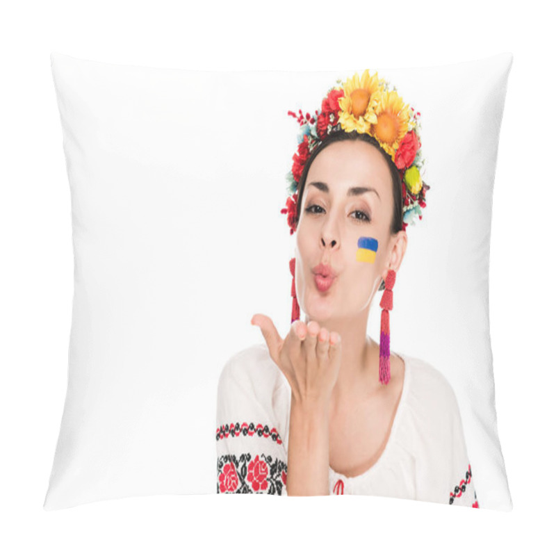 Personality  Brunette Young Woman In National Ukrainian Embroidered Shirt And Floral Wreath Blowing Kiss Isolated On White Pillow Covers