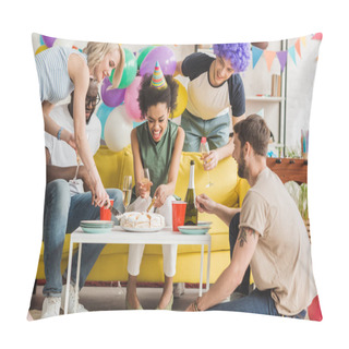 Personality  Happy Young People Celebrating Birthday With Cake And Champagne Pillow Covers