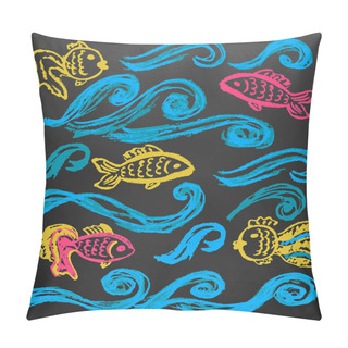 Personality  A Set Of Elements For Your Creativity. Children's Drawings Wax Crayons On A Black Background. Waves And Fishes Pillow Covers