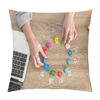 Personality  Cropped View Of Woman Holding Stones With Zodiac Signs Beside Laptop And Illustration Pillow Covers